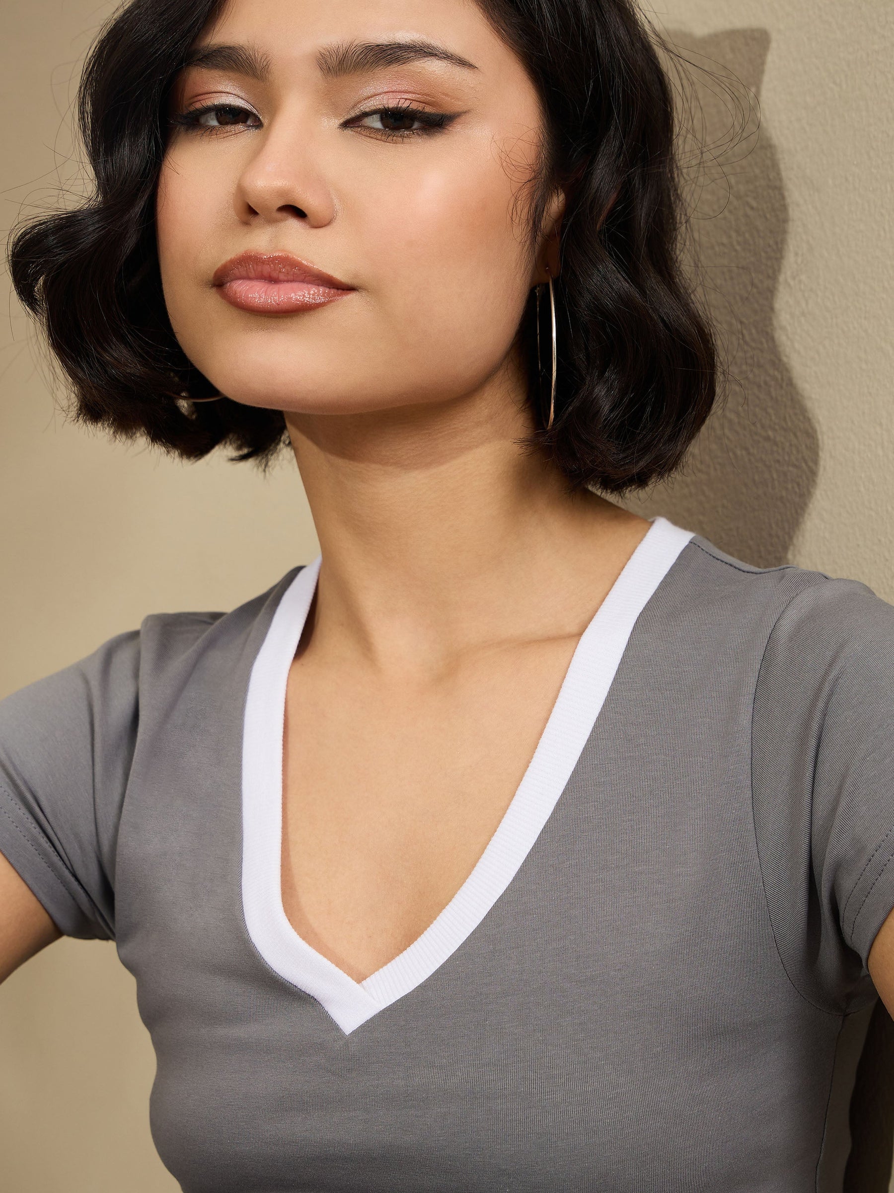 Women Grey Contrast Deep V-Neck Crop T-Shirt - Main Image