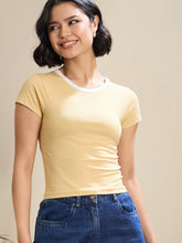 Beige Contrast Round Neck Crop T-Shirt-SASSAFRAS BASICS