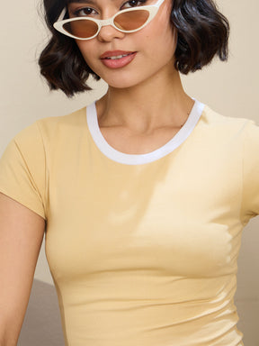 Beige Contrast Round Neck Crop T-Shirt-SASSAFRAS BASICS