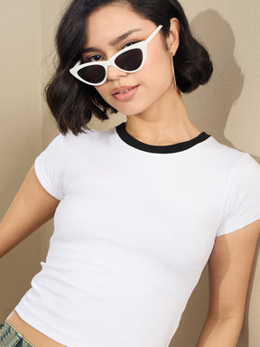 White Contrast Round Neck Crop T-Shirt-SASSAFRAS BASICS