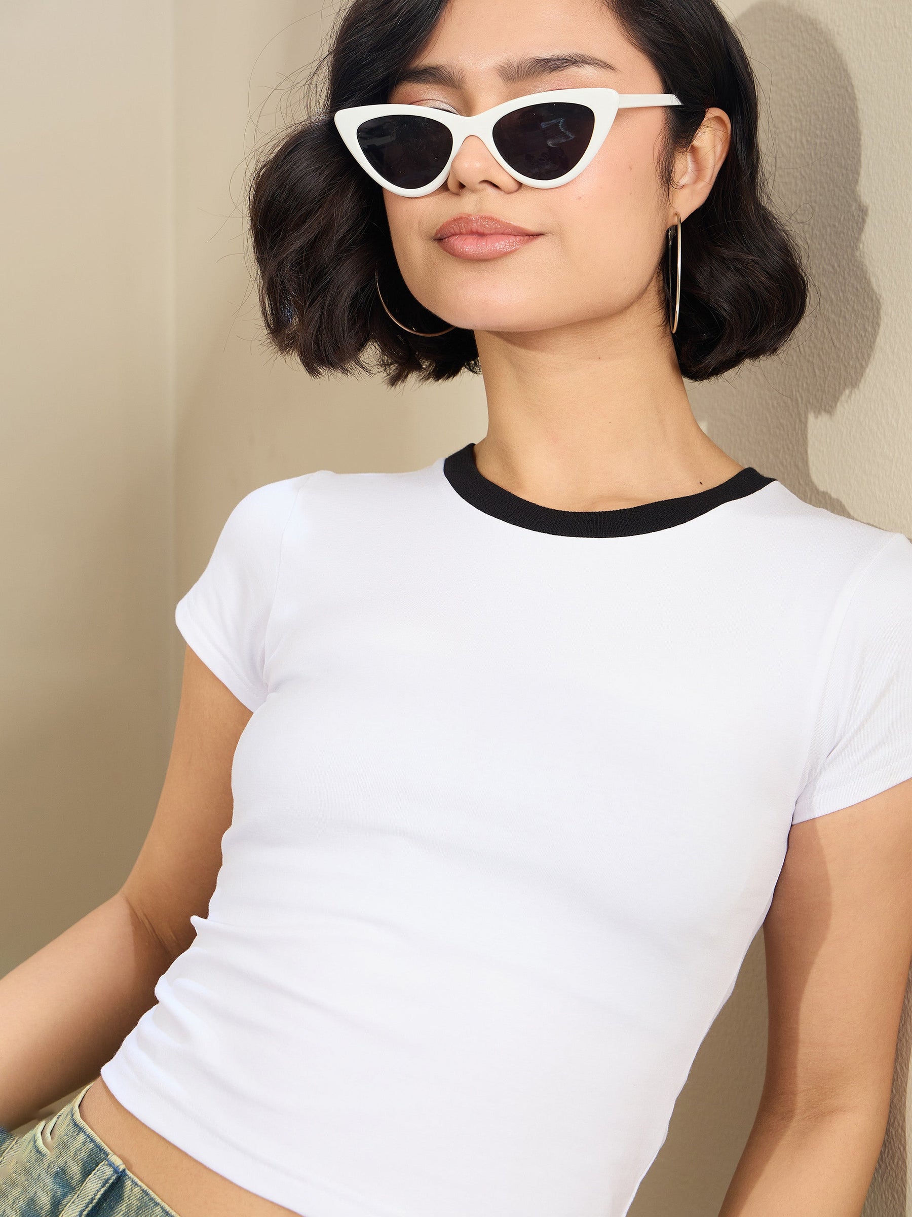 White Contrast Round Neck Crop T-Shirt-SASSAFRAS BASICS