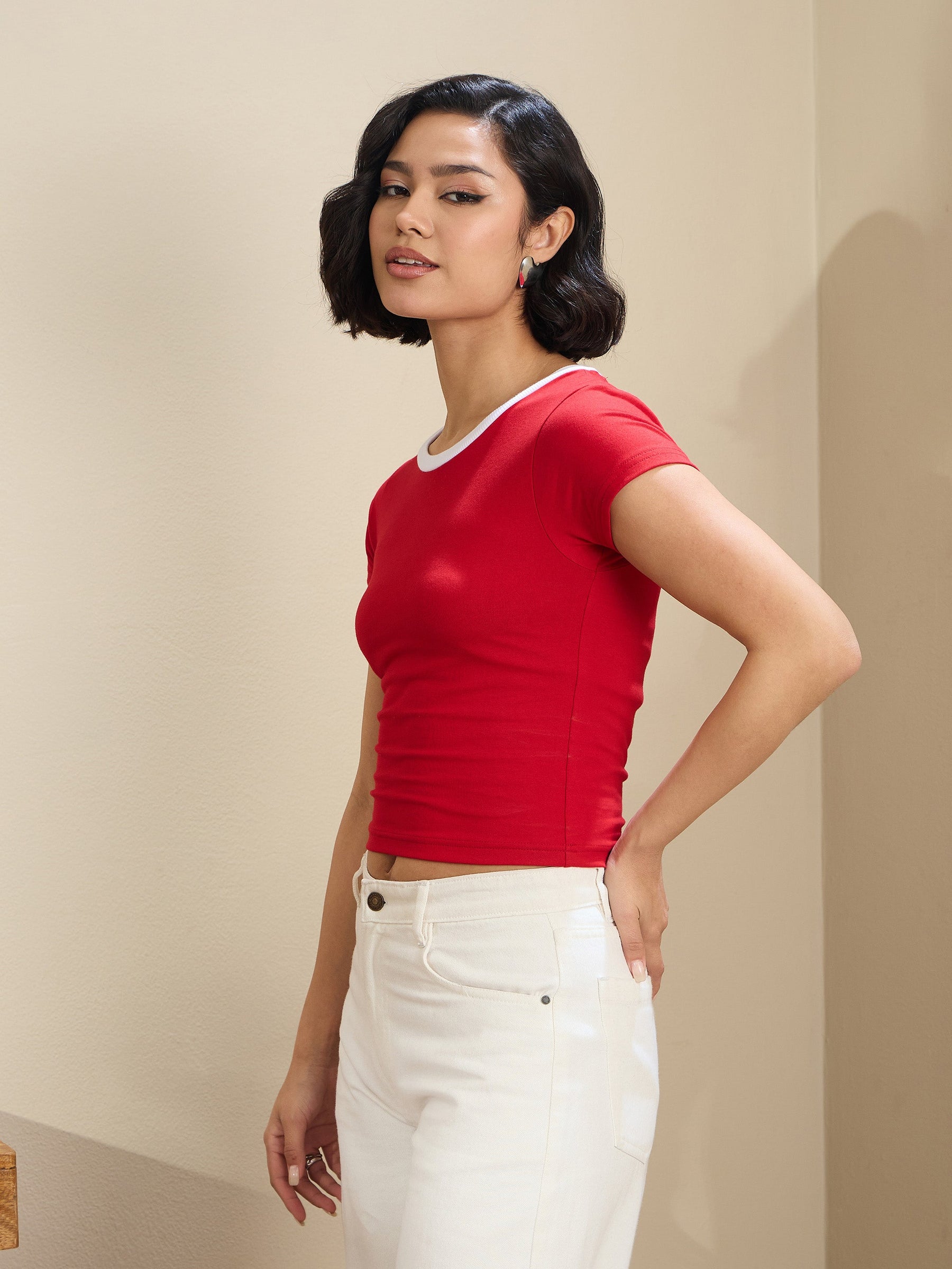 Red Contrast Round Neck Crop T-Shirt-SASSAFRAS BASICS