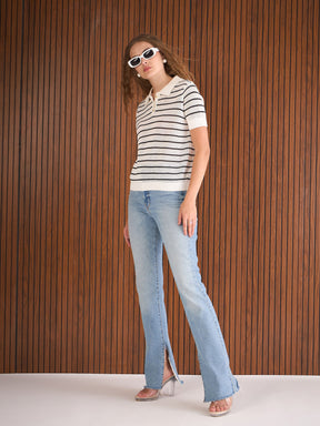 Black & White Crochet Stripess Polo T-Shirt-SASSAFRAS