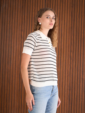 Black & White Crochet Stripess Polo T-Shirt-SASSAFRAS