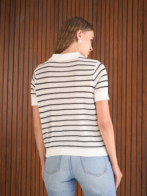 Black & White Crochet Stripess Polo T-Shirt-SASSAFRAS