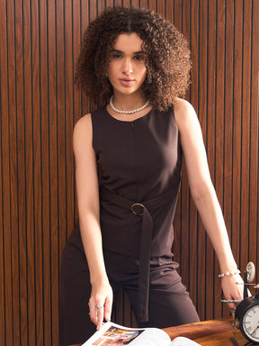 Brown Sleeveless Front Zipper Belted Top-SASSAFRAS worklyf