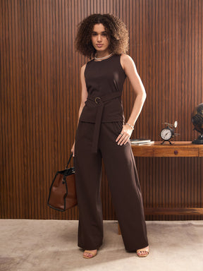 Brown Sleeveless Front Zipper Belted Top-SASSAFRAS worklyf