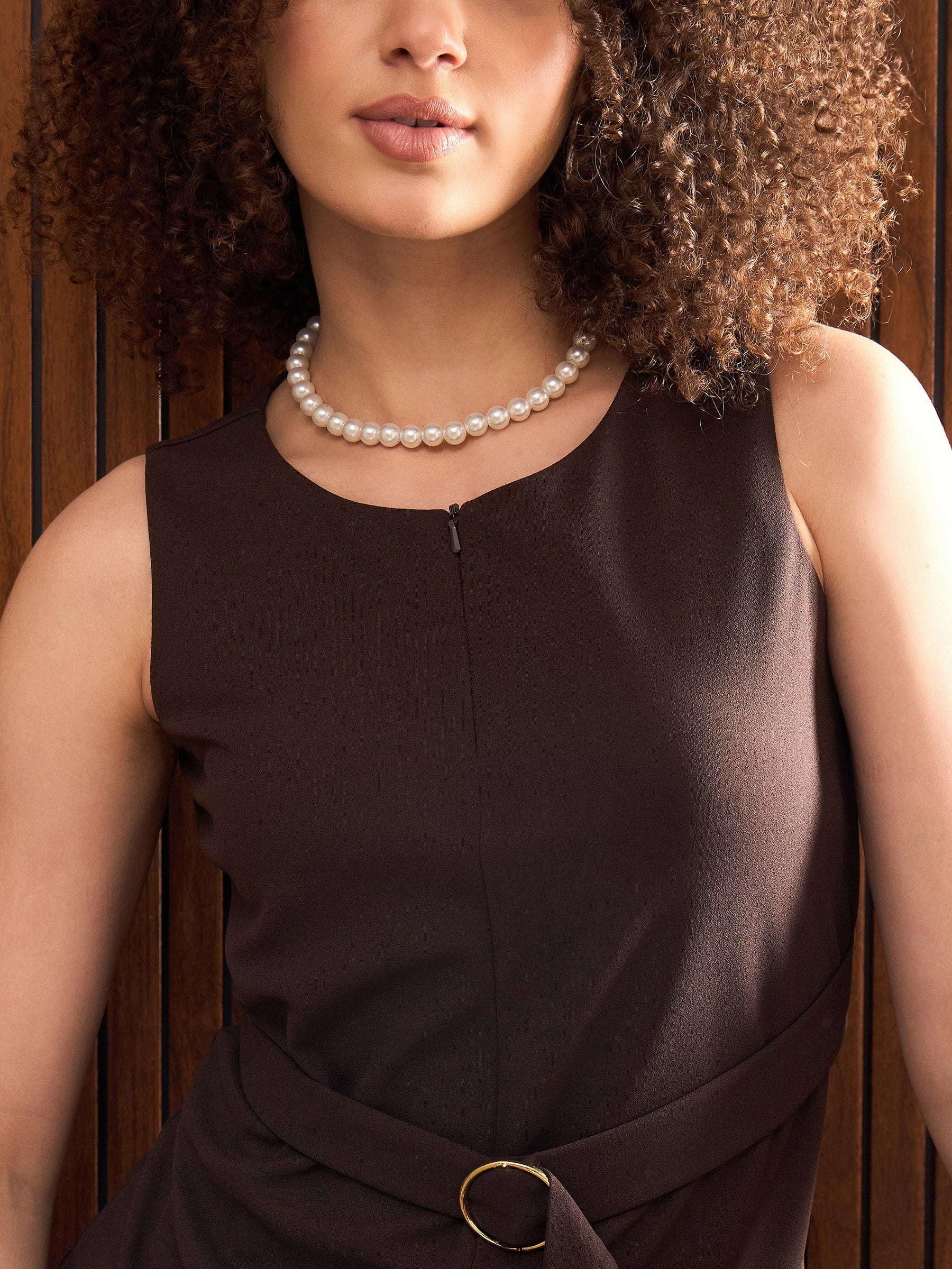 Brown Sleeveless Front Zipper Belted Top-SASSAFRAS worklyf