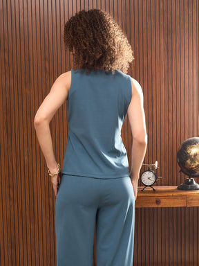 Teal Blue Sleeveless Front Zipper Belted Top-SASSAFRAS worklyf