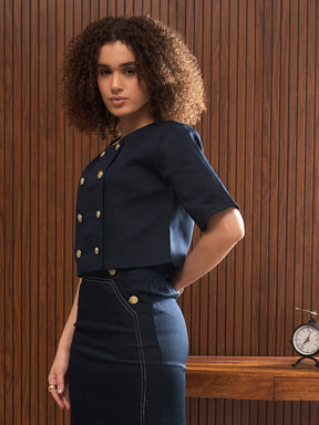 Navy Twill Double Breast Top-SASSAFRAS worklyf