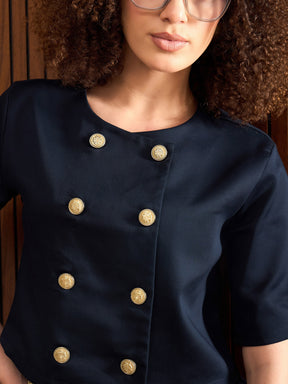 Navy Twill Double Breast Top-SASSAFRAS worklyf