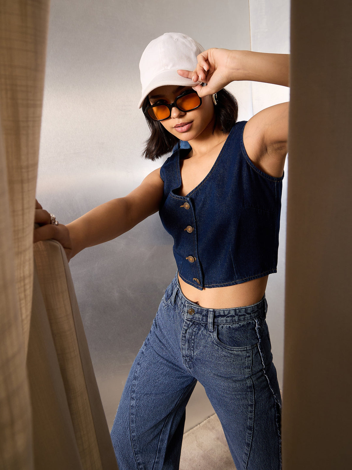 Navy Blue Denim Sleeveless Crop Top-SASSAFRAS