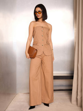 Light Brown Twill Tube Top With Wide Leg Pants-SASSAFRAS
