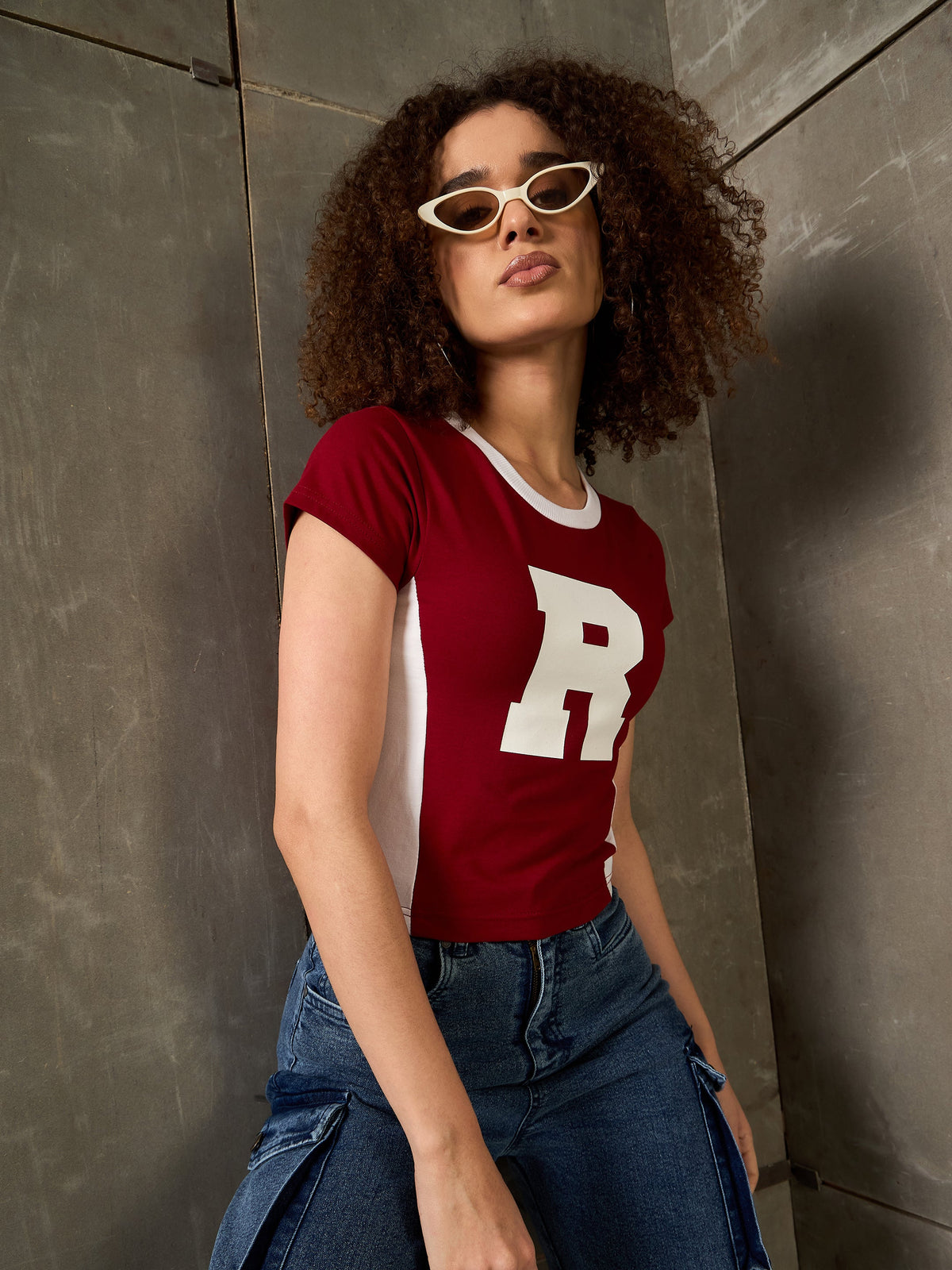 Maroon & White R-Print Fitted T-Shirt-SASSAFRAS
