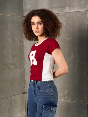 Maroon & White R-Print Fitted T-Shirt-SASSAFRAS