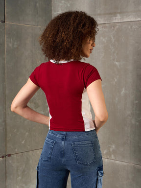 Maroon & White R-Print Fitted T-Shirt-SASSAFRAS