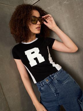 Black & White R-Print Fitted T-Shirt-SASSAFRAS