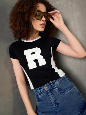 Black & White R-Print Fitted T-Shirt-SASSAFRAS