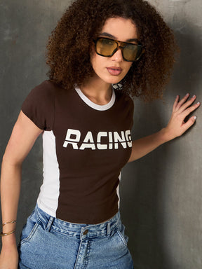 Brown & White RACING Fitted T-Shirt-SASSAFRAS