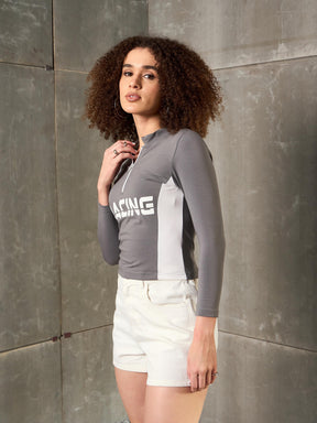 Grey & White RACING High Neck Fitted T-Shirt-SASSAFRAS