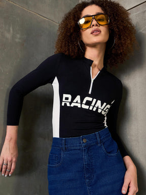 Black & White RACING High Neck Fitted T-Shirt-SASSAFRAS