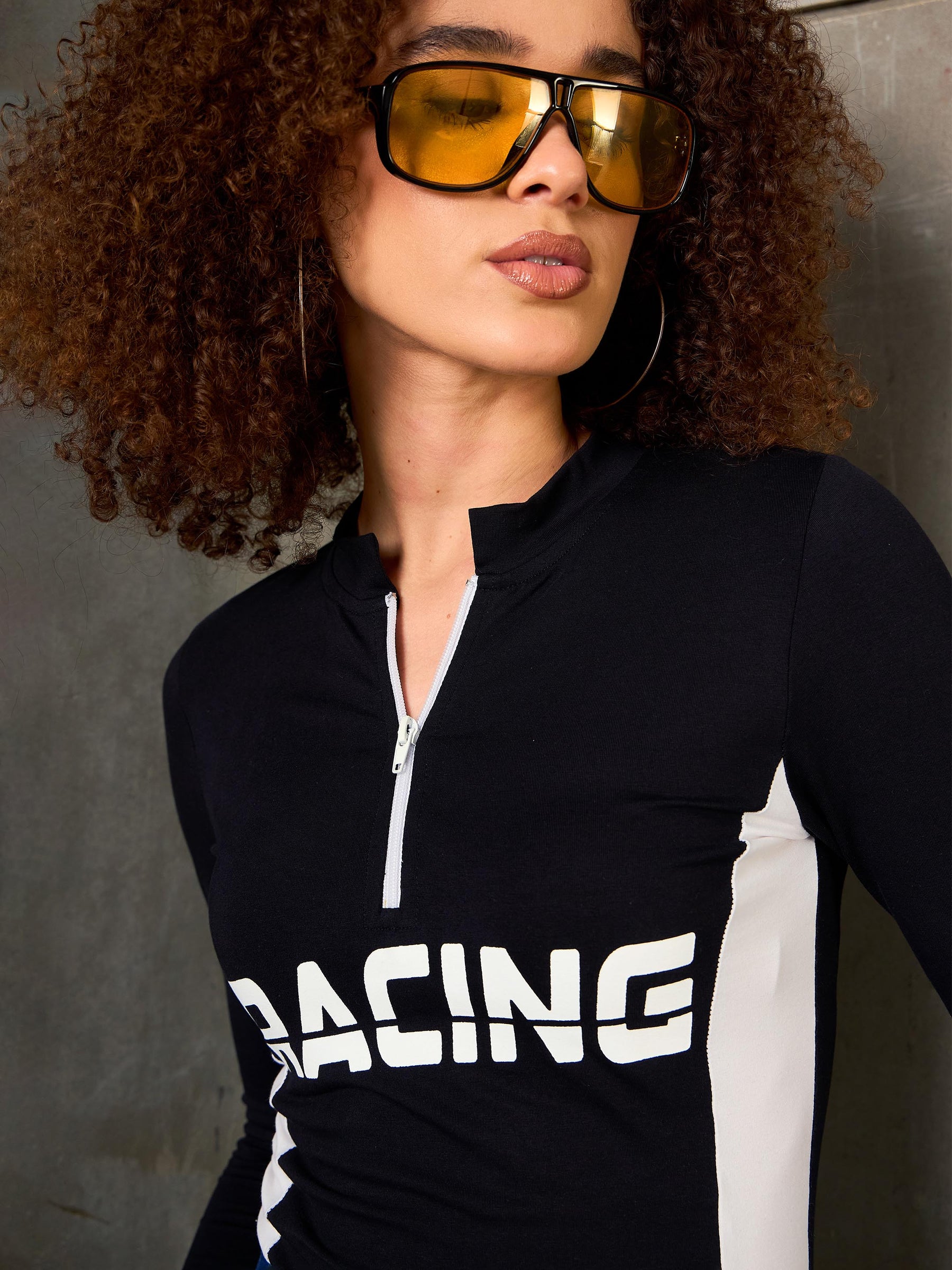 Black & White RACING High Neck Fitted T-Shirt-SASSAFRAS