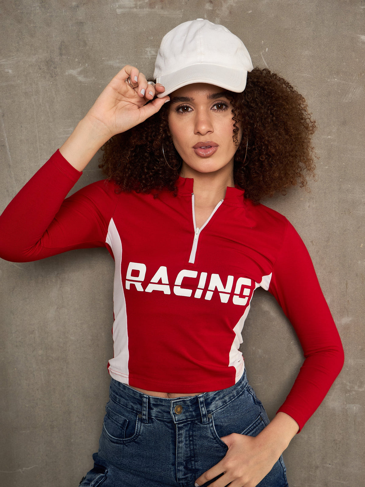Red & White RACING High Neck Fitted T-Shirt-SASSAFRAS