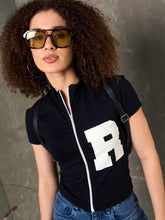 Women Black Front Zipper R-Print Fitted T-Shirt
