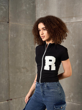 Women Black Front Zipper R-Print Fitted T-Shirt