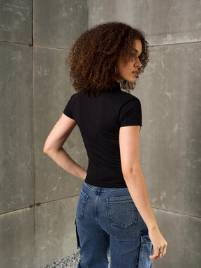 Women Black Front Zipper R-Print Fitted T-Shirt