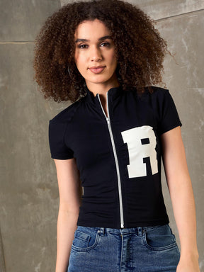 Women Black Front Zipper R-Print Fitted T-Shirt
