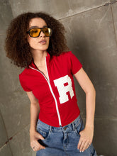 Red Front Zipper R-Print Fitted T-Shirt-SASSAFRAS