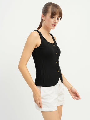 Black Square-Neck Button Down Top-SASSAFRAS