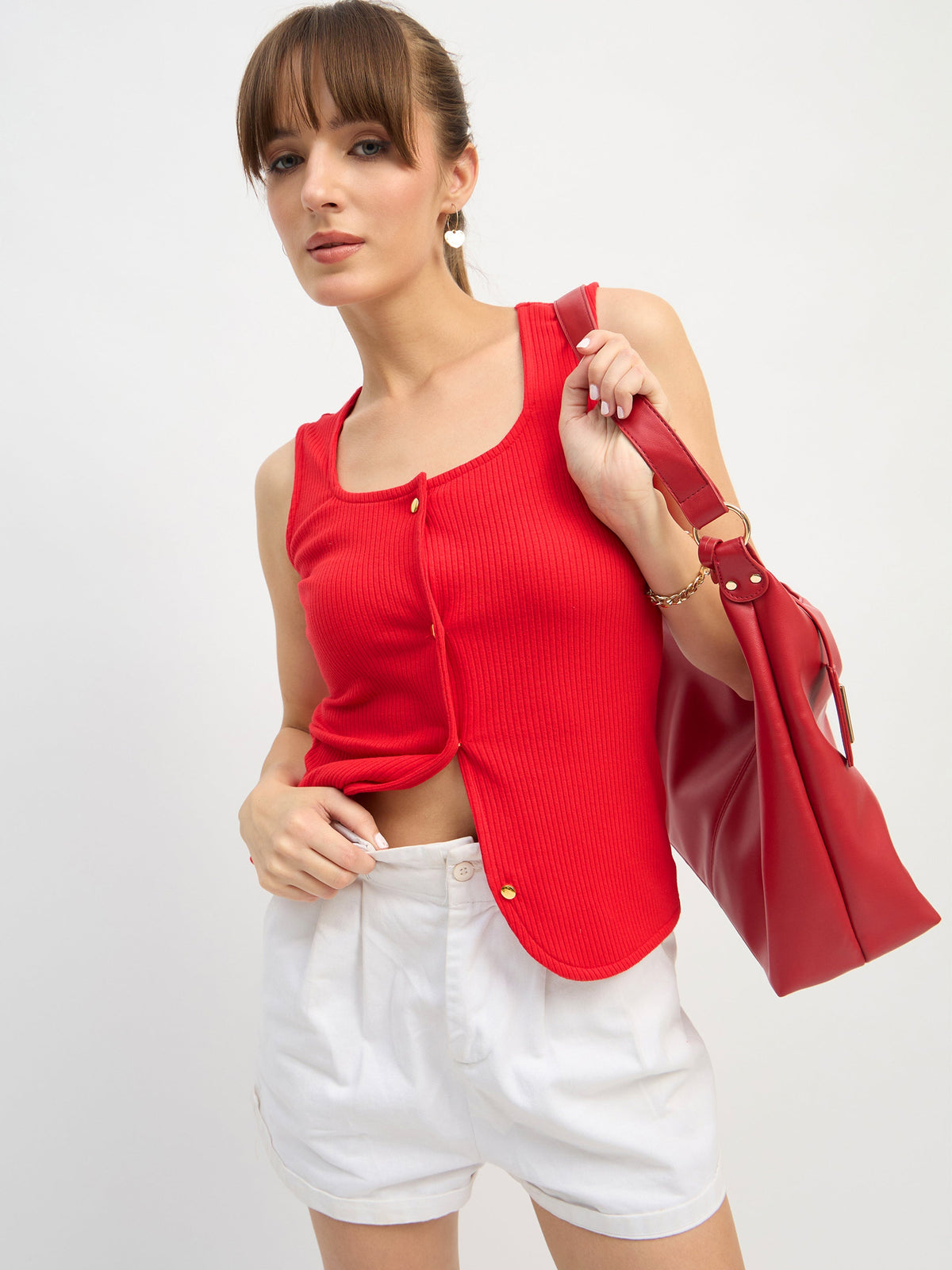 Red Square-Neck Button Down Top-SASSAFRAS