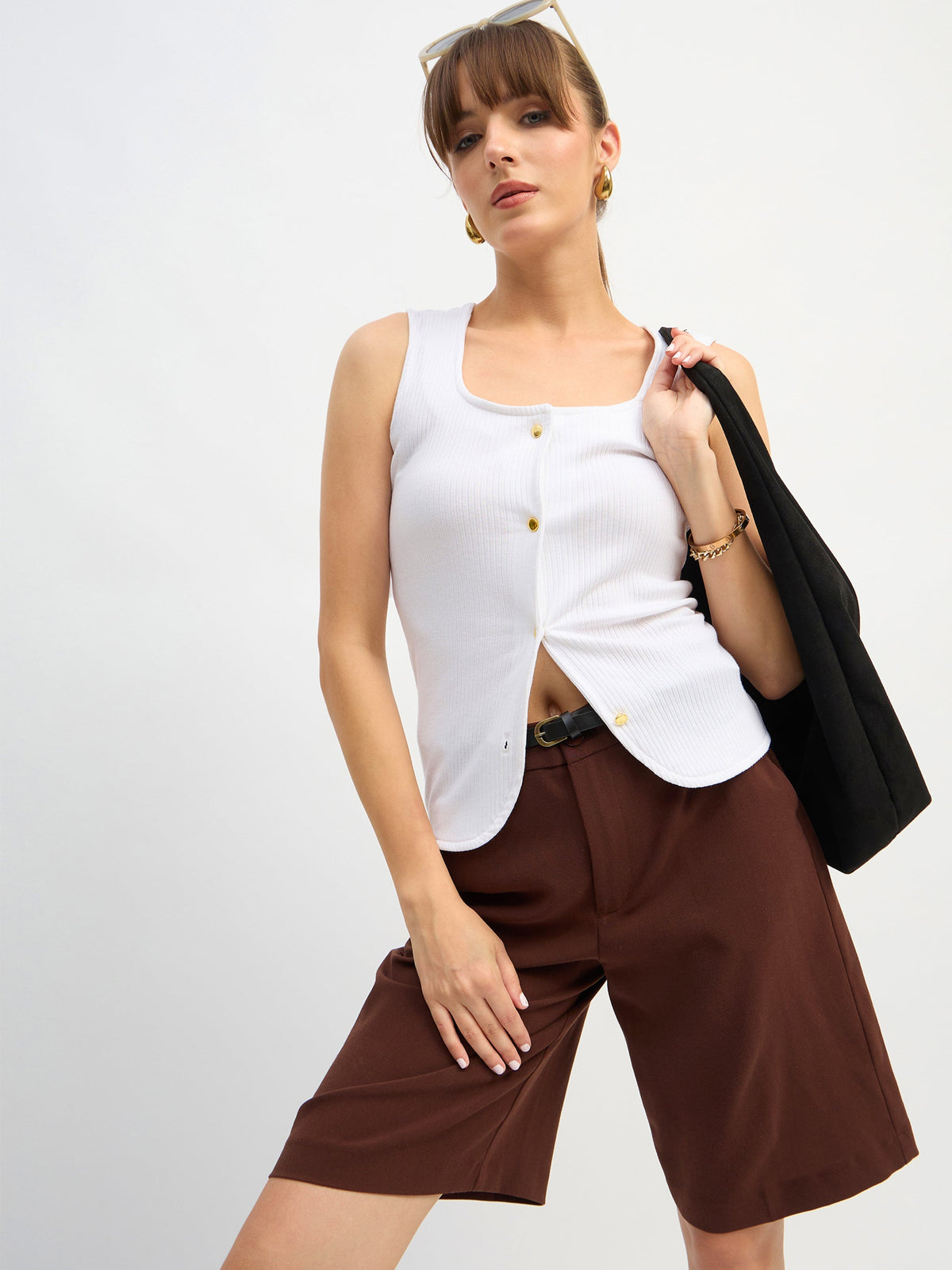 White Square-Neck Button Down Top-SASSAFRAS