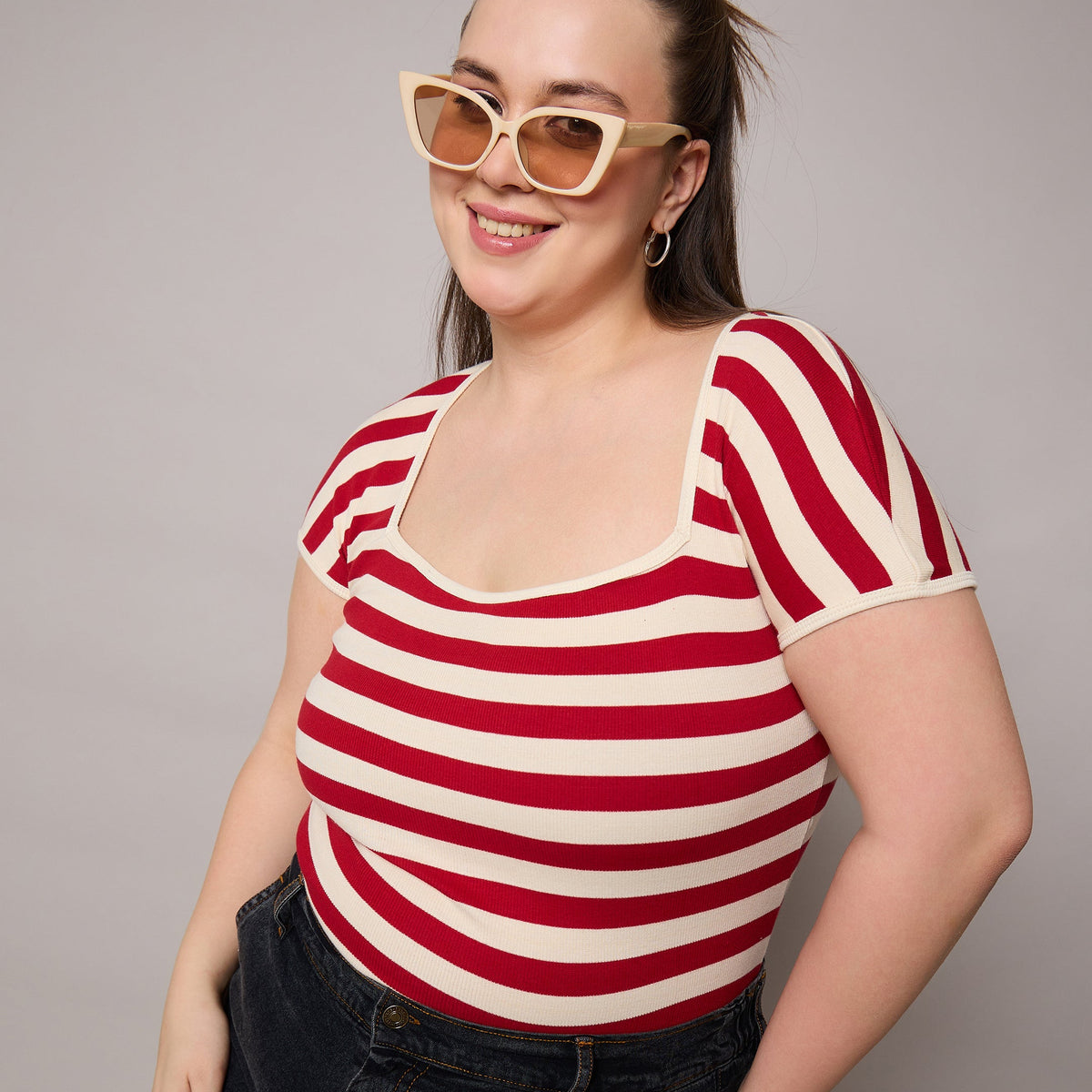 Buy Red & Off White Rib Stripe Square Neck Top Online At Best