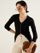 Black Rib Button Down Regular Top-SASSAFRAS