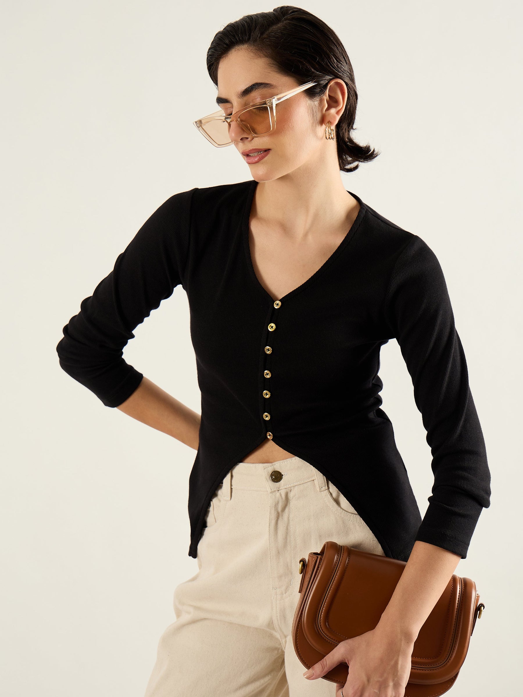 Black Rib Button Down Regular Top-SASSAFRAS