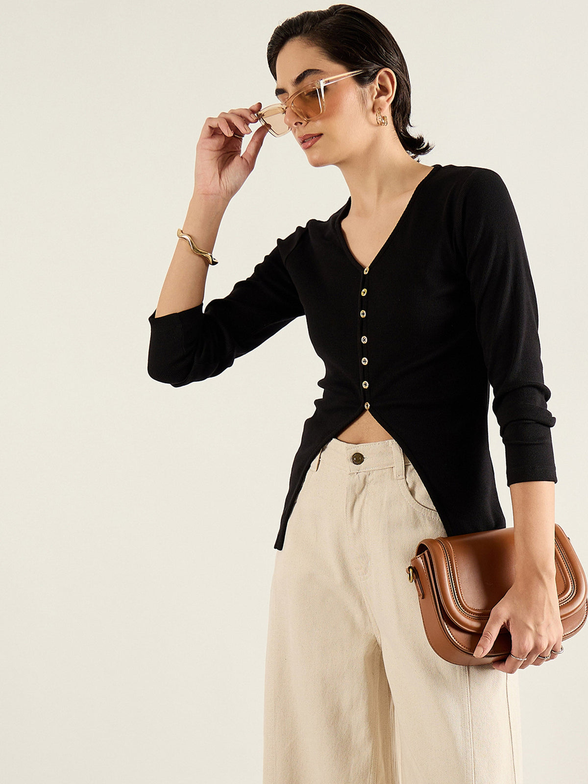 Black Rib Button Down Regular Top-SASSAFRAS