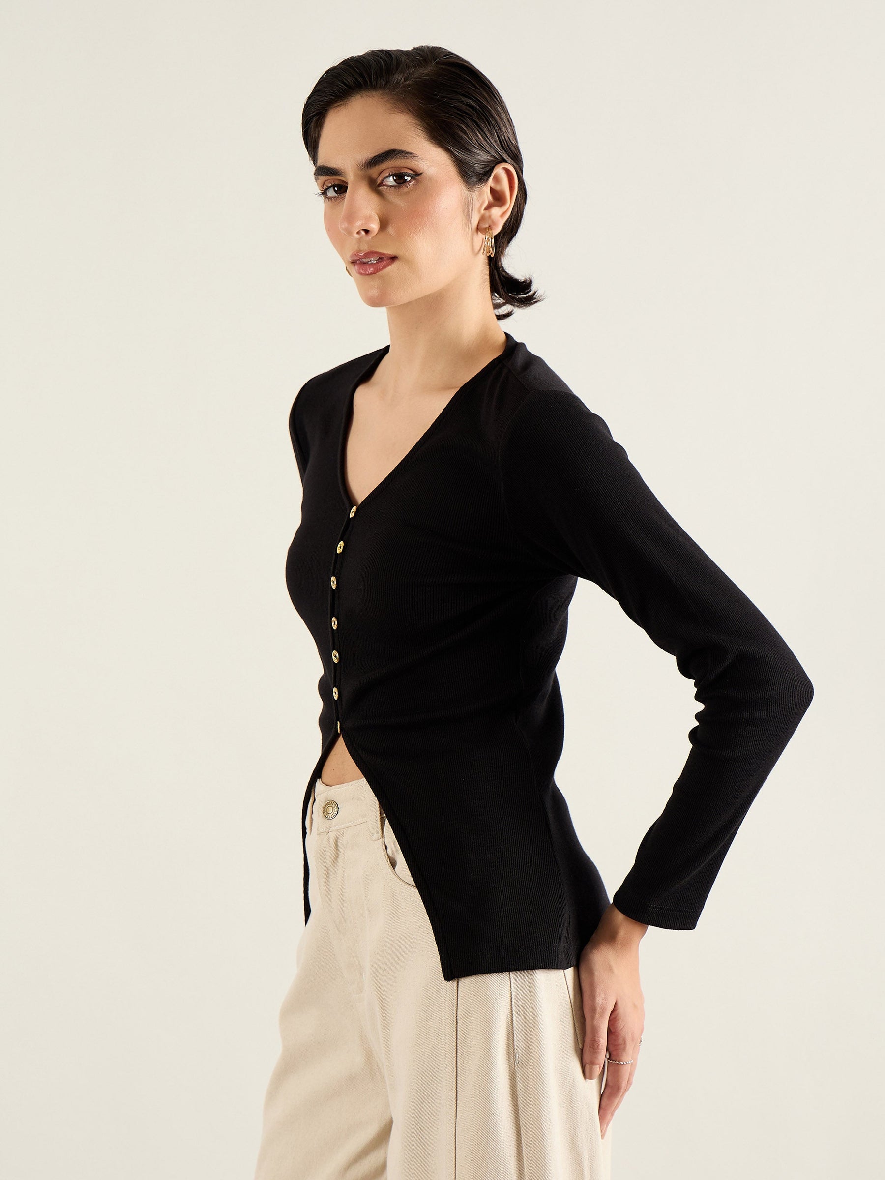 Black Rib Button Down Regular Top-SASSAFRAS