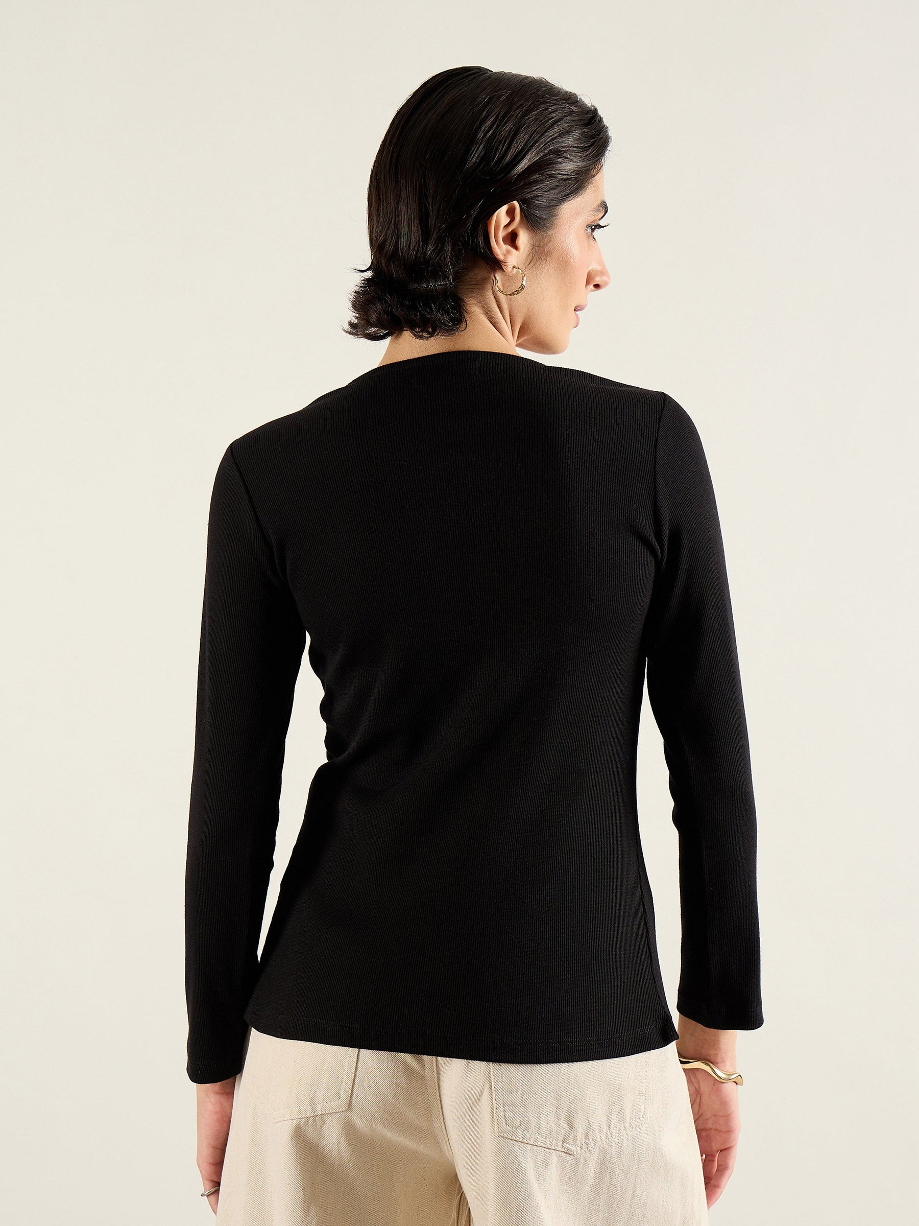 Black Rib Button Down Regular Top-SASSAFRAS