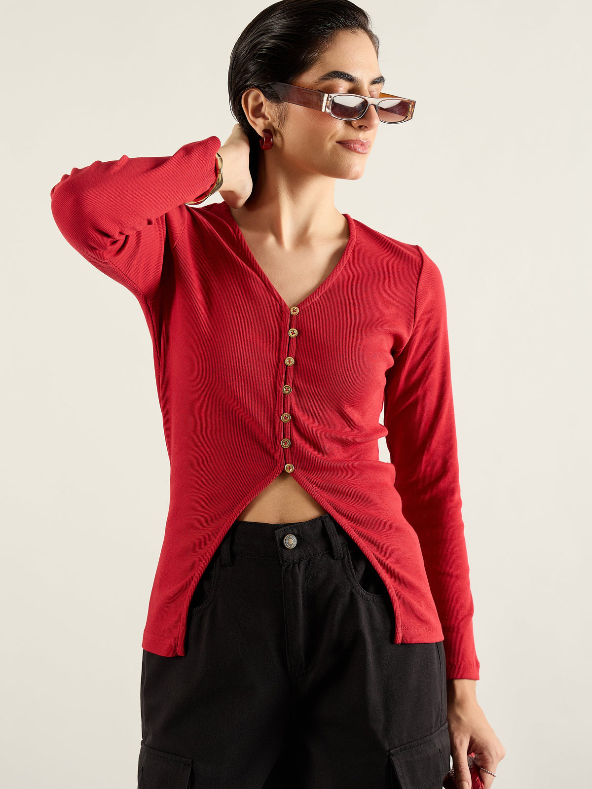 Red Rib Button Down Regular Top-SASSAFRAS