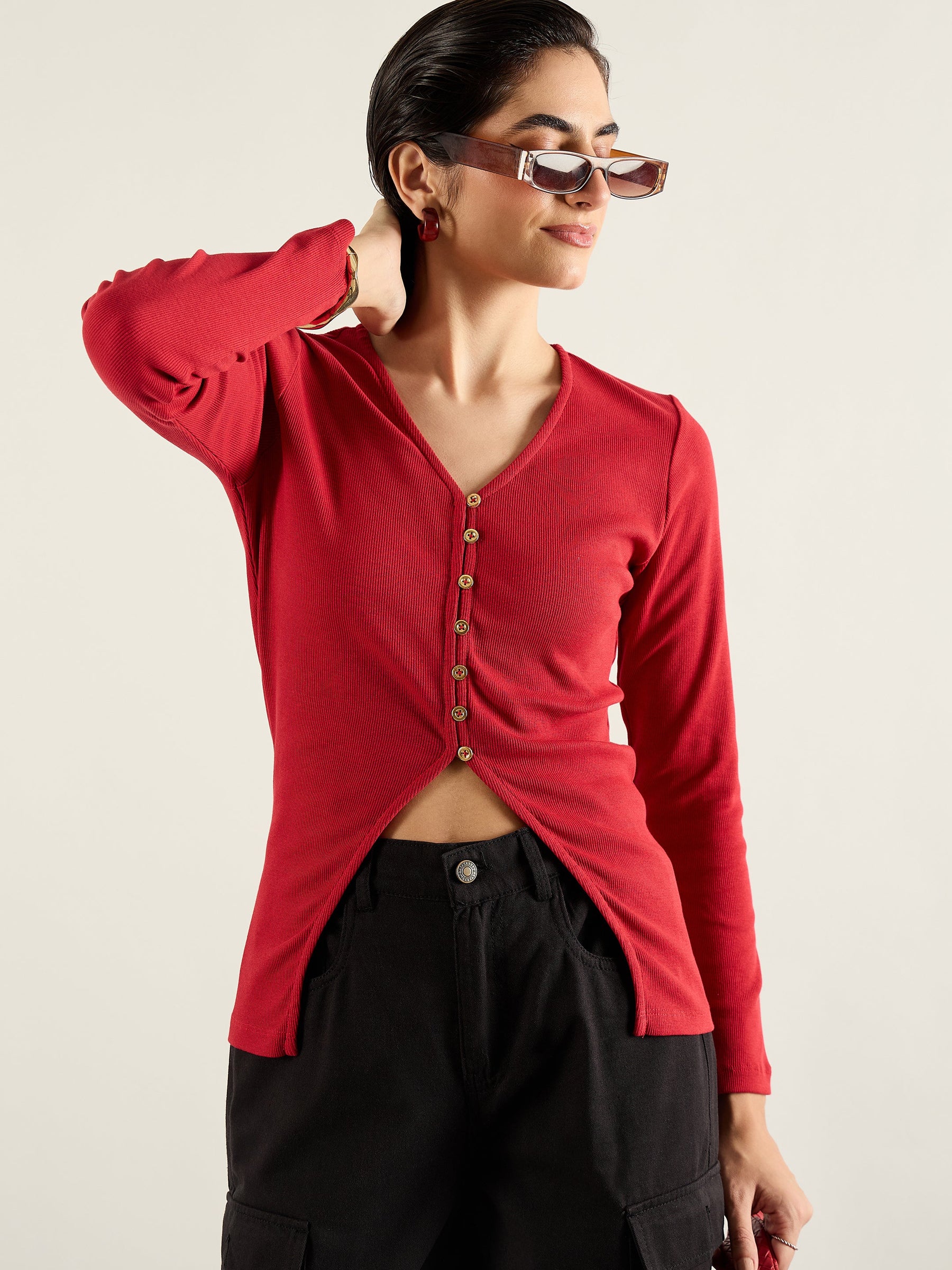 Red Rib Button Down Regular Top-SASSAFRAS