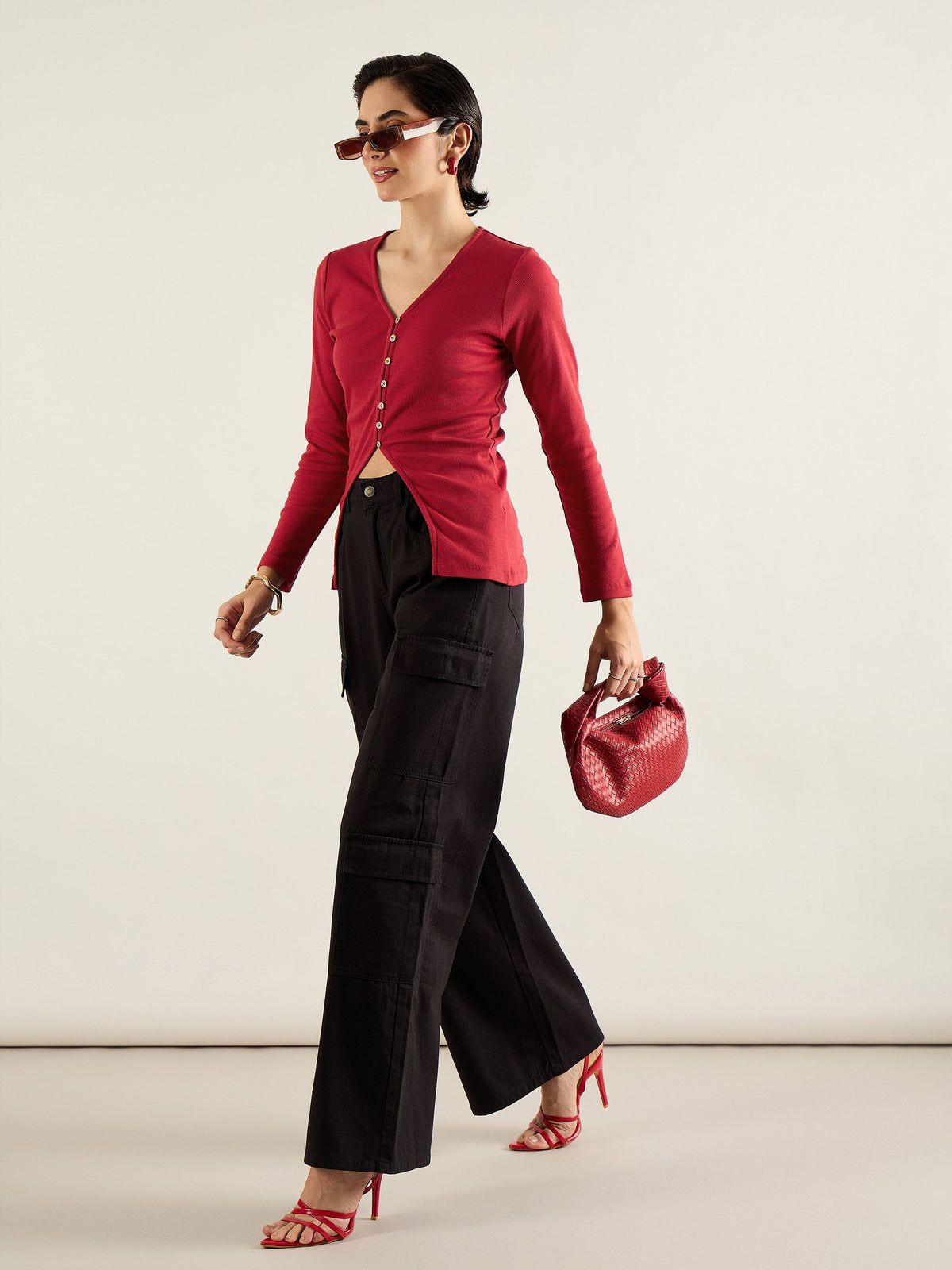 Red Rib Button Down Regular Top-SASSAFRAS