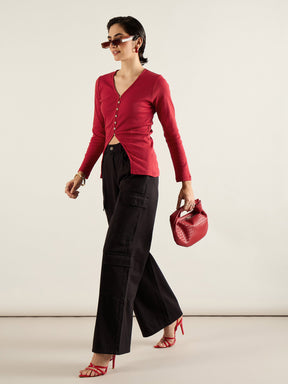 Red Rib Button Down Regular Top-SASSAFRAS