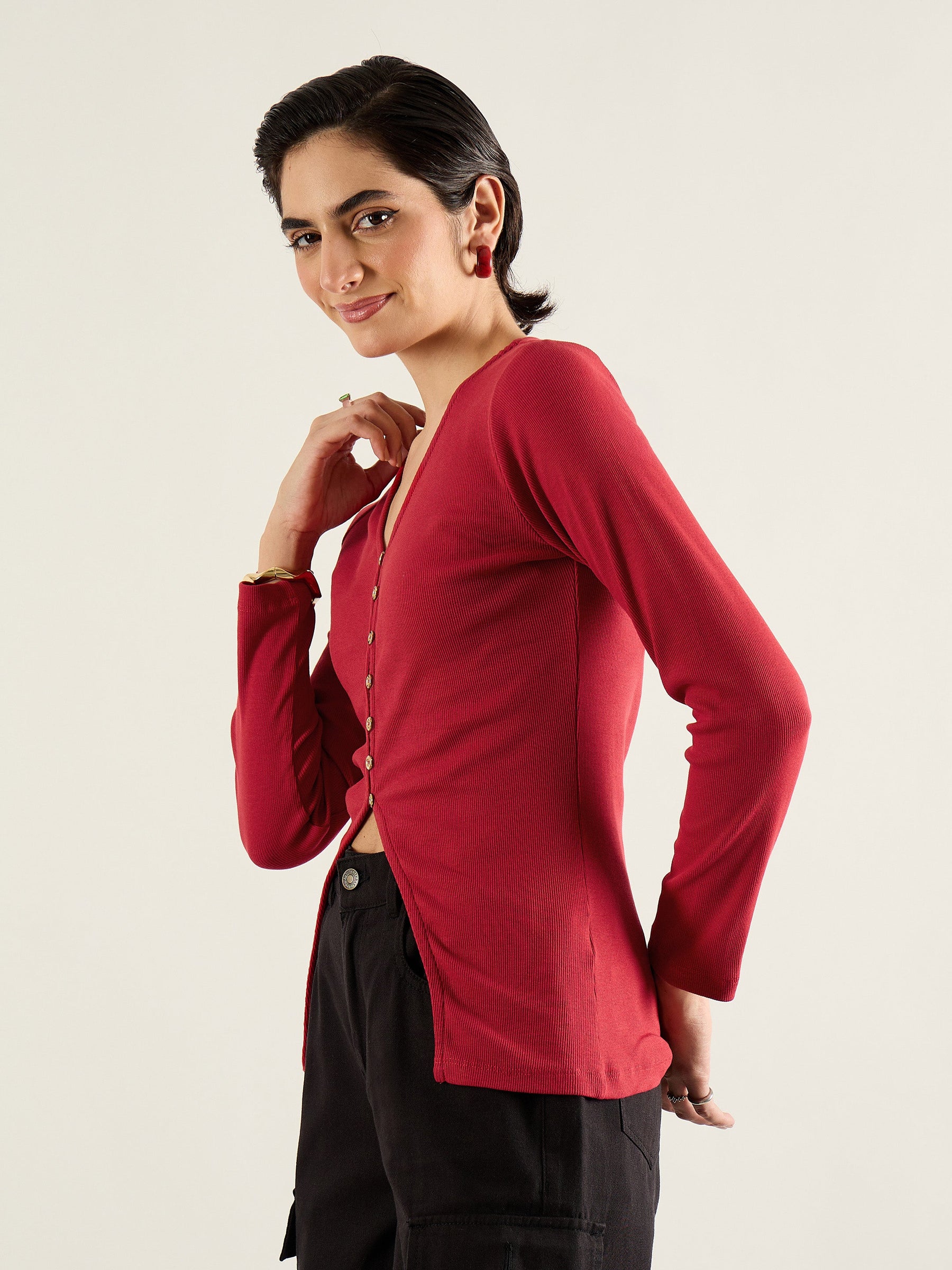 Red Rib Button Down Regular Top-SASSAFRAS