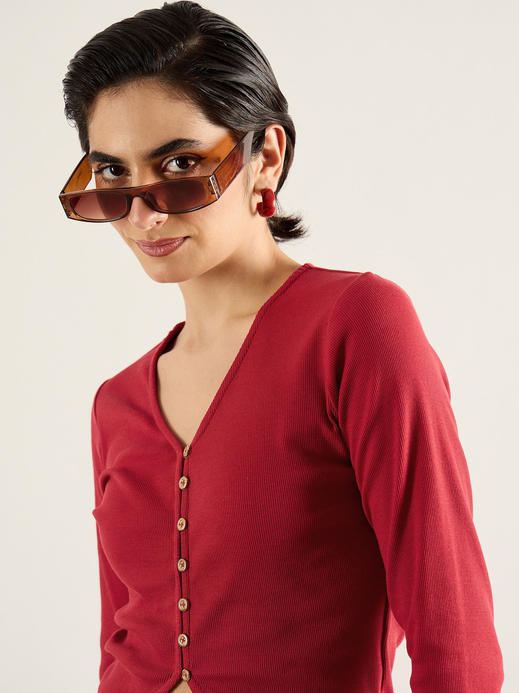 Red Rib Button Down Regular Top-SASSAFRAS