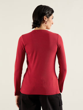 Red Rib Button Down Regular Top-SASSAFRAS