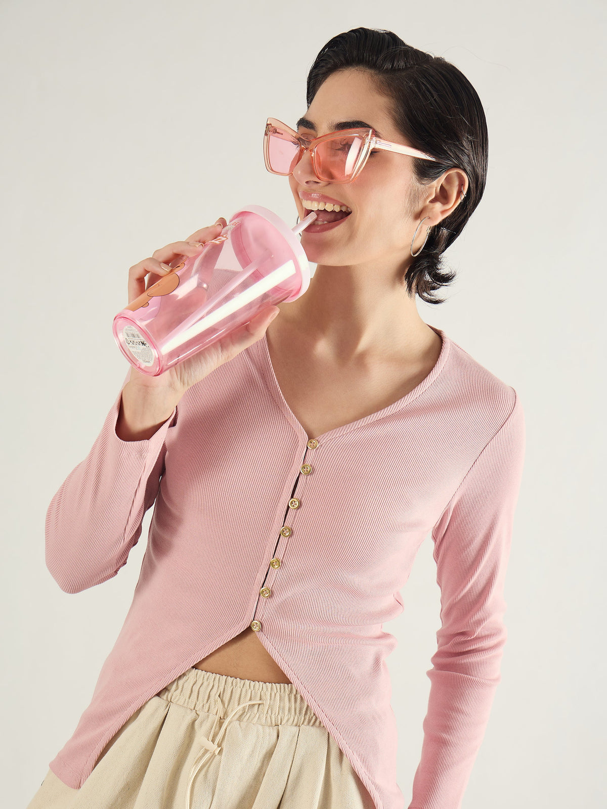 Pink Rib Button Down Regular Top-SASSAFRAS