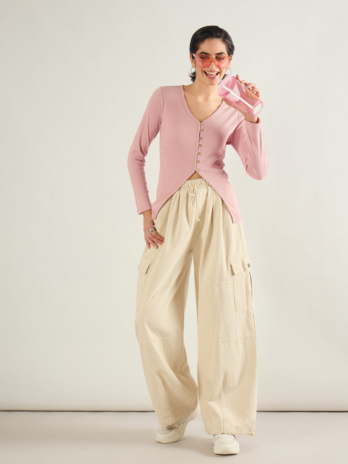Pink Rib Button Down Regular Top-SASSAFRAS